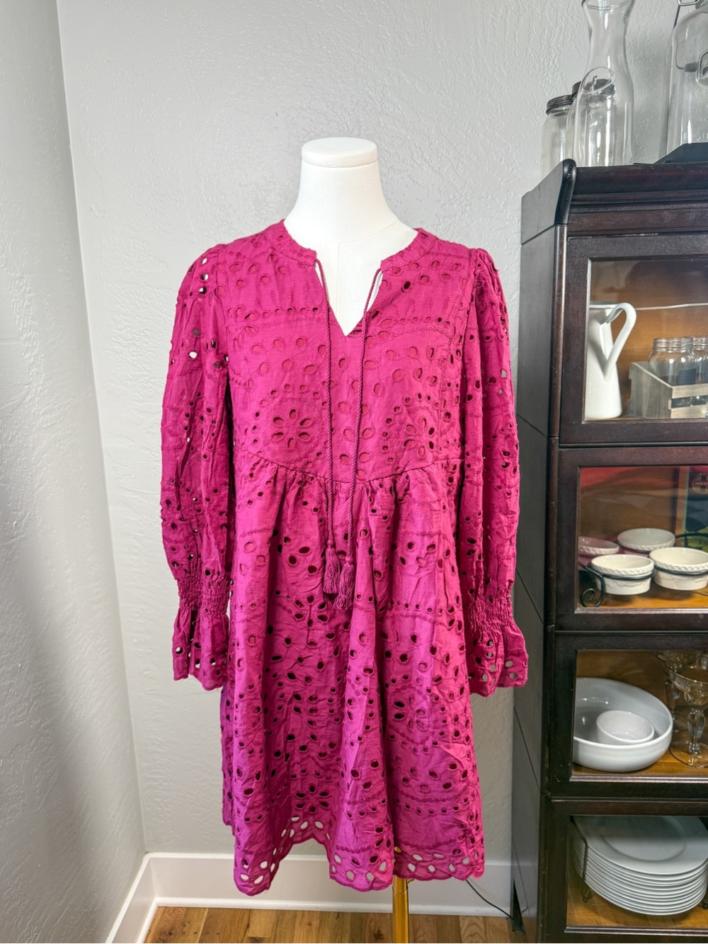 NWT Dokotoo Fuchsia Eyelet Embroidered Cotton Babydoll Boho Dress Size S